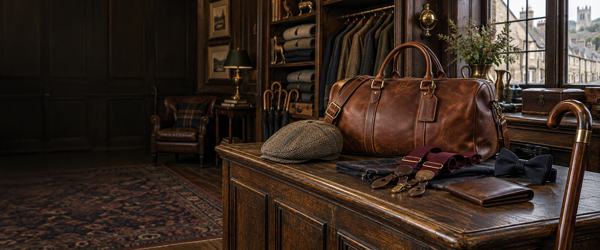 Heritage leather goods, braces, walking cane and tweed cap on an outfitter’s counter.heritage